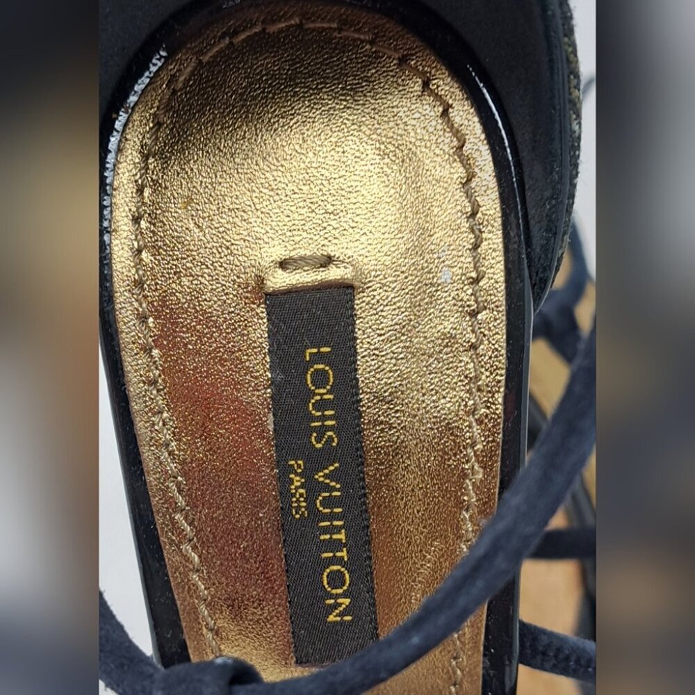Louis Vuitton Monogram Denim Wedge Platform Ankle Wrap Pumps Shoes 7.5 / 37.5 EU - Picture 12 of 16